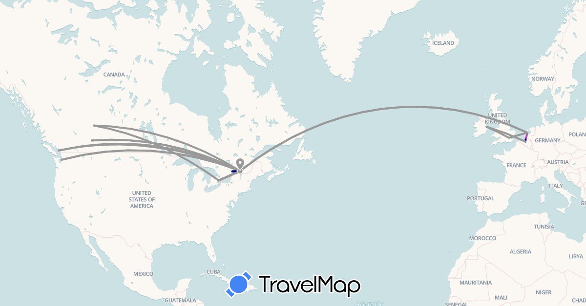 TravelMap itinerary: driving, plane, train in Belgium, Canada, United Kingdom, Ireland, Netherlands, United States (Europe, North America)